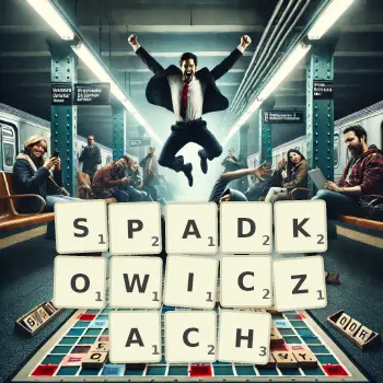 Kreatywna ilustracja do gry w Scrabble ze słowem SPADKOWICZACH ułożonym z płytek na planszy.