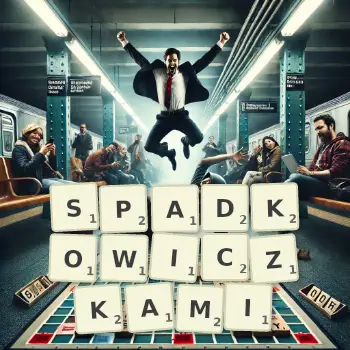 Kreatywna ilustracja do gry w Scrabble ze słowem SPADKOWICZKAMI ułożonym z płytek na planszy.