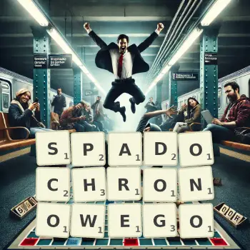 Kreatywna ilustracja do gry w Scrabble ze słowem SPADOCHRONOWEGO ułożonym z płytek na planszy.