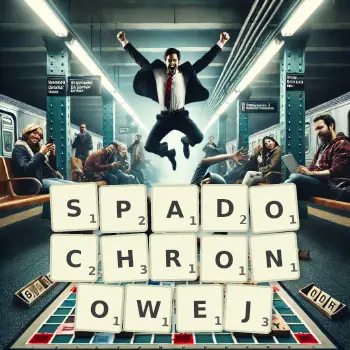 Kreatywna ilustracja do gry w Scrabble ze słowem SPADOCHRONOWEJ ułożonym z płytek na planszy.