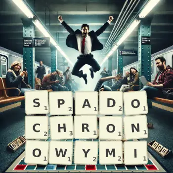 Kreatywna ilustracja do gry w Scrabble ze słowem SPADOCHRONOWYMI ułożonym z płytek na planszy.