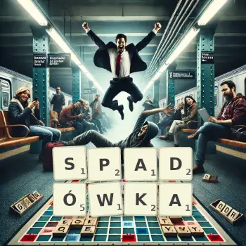 Kreatywna ilustracja do gry w Scrabble ze słowem SPADÓWKA ułożonym z płytek na planszy.
