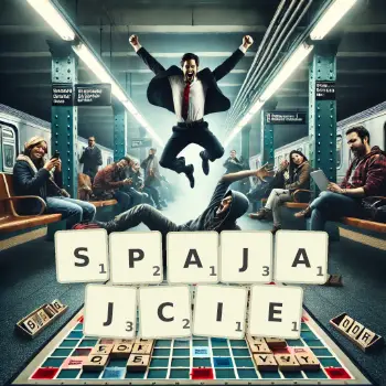 Kreatywna ilustracja do gry w Scrabble ze słowem SPAJAJCIE ułożonym z płytek na planszy.