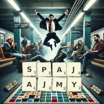 Kreatywna ilustracja do gry w Scrabble ze słowem SPAJAJMY ułożonym z płytek na planszy.