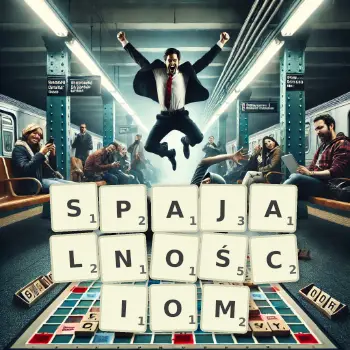 Kreatywna ilustracja do gry w Scrabble ze słowem SPAJALNOŚCIOM ułożonym z płytek na planszy.