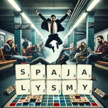 Kreatywna ilustracja do gry w Scrabble ze słowem SPAJALYSMY ułożonym z płytek na planszy.