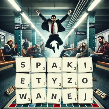 Kreatywna ilustracja do gry w Scrabble ze słowem SPAKIETYZOWANEJ ułożonym z płytek na planszy.