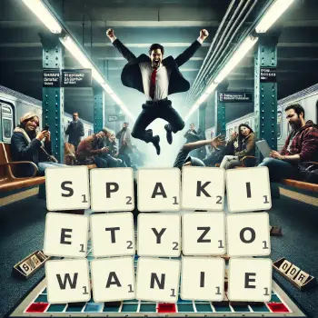 Kreatywna ilustracja do gry w Scrabble ze słowem SPAKIETYZOWANIE ułożonym z płytek na planszy.