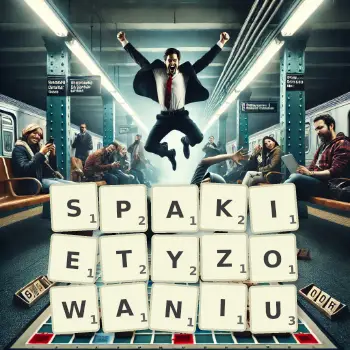 Kreatywna ilustracja do gry w Scrabble ze słowem SPAKIETYZOWANIU ułożonym z płytek na planszy.