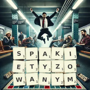 Kreatywna ilustracja do gry w Scrabble ze słowem SPAKIETYZOWANYM ułożonym z płytek na planszy.
