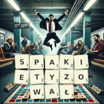 Kreatywna ilustracja do gry w Scrabble ze słowem SPAKIETYZOWAŁ ułożonym z płytek na planszy.