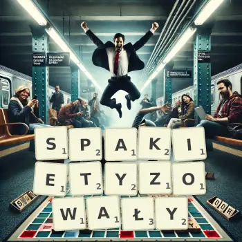 Kreatywna ilustracja do gry w Scrabble ze słowem SPAKIETYZOWAŁY ułożonym z płytek na planszy.
