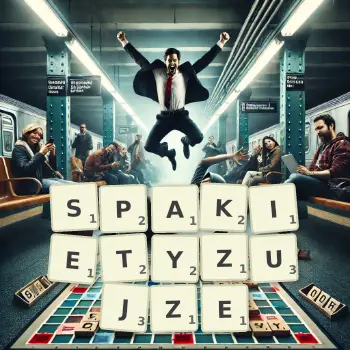 Kreatywna ilustracja do gry w Scrabble ze słowem SPAKIETYZUJZE ułożonym z płytek na planszy.