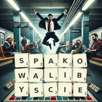 Kreatywna ilustracja do gry w Scrabble ze słowem SPAKOWALIBYSCIE ułożonym z płytek na planszy.