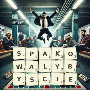 Kreatywna ilustracja do gry w Scrabble ze słowem SPAKOWALYBYSCIE ułożonym z płytek na planszy.