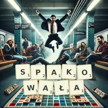 Kreatywna ilustracja do gry w Scrabble ze słowem SPAKOWAŁA ułożonym z płytek na planszy.