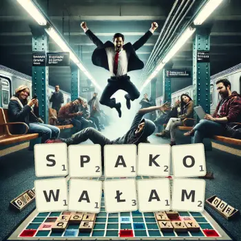 Kreatywna ilustracja do gry w Scrabble ze słowem SPAKOWAŁAM ułożonym z płytek na planszy.