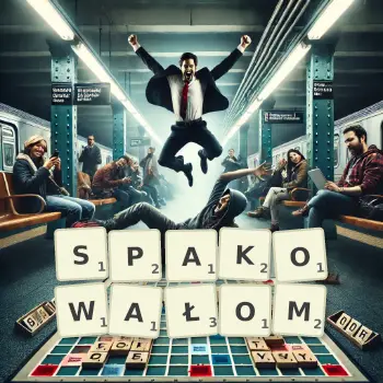 Kreatywna ilustracja do gry w Scrabble ze słowem SPAKOWAŁOM ułożonym z płytek na planszy.