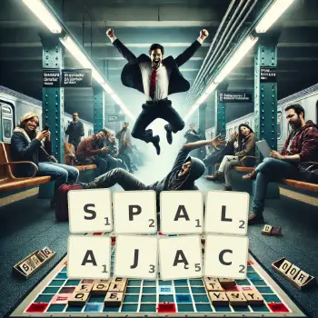 Kreatywna ilustracja do gry w Scrabble ze słowem SPALAJĄC ułożonym z płytek na planszy.