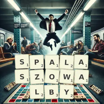 Kreatywna ilustracja do gry w Scrabble ze słowem SPALASZOWALBY ułożonym z płytek na planszy.