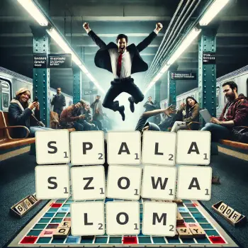 Kreatywna ilustracja do gry w Scrabble ze słowem SPALASZOWALOM ułożonym z płytek na planszy.