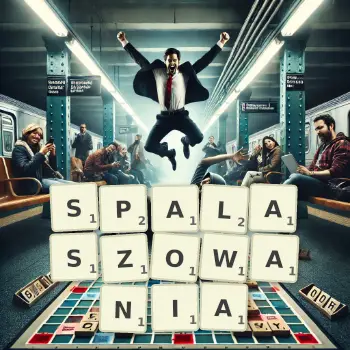 Kreatywna ilustracja do gry w Scrabble ze słowem SPALASZOWANIA ułożonym z płytek na planszy.