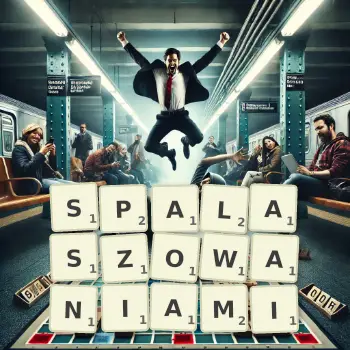 Kreatywna ilustracja do gry w Scrabble ze słowem SPALASZOWANIAMI ułożonym z płytek na planszy.