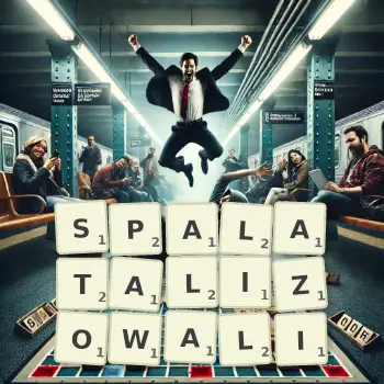 Kreatywna ilustracja do gry w Scrabble ze słowem SPALATALIZOWALI ułożonym z płytek na planszy.