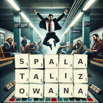 Kreatywna ilustracja do gry w Scrabble ze słowem SPALATALIZOWANA ułożonym z płytek na planszy.