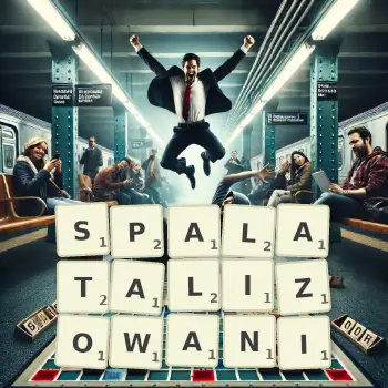 Kreatywna ilustracja do gry w Scrabble ze słowem SPALATALIZOWANI ułożonym z płytek na planszy.