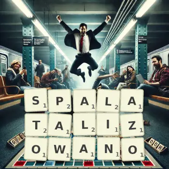 Kreatywna ilustracja do gry w Scrabble ze słowem SPALATALIZOWANO ułożonym z płytek na planszy.