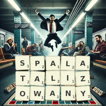 Kreatywna ilustracja do gry w Scrabble ze słowem SPALATALIZOWANY ułożonym z płytek na planszy.