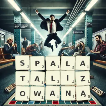 Kreatywna ilustracja do gry w Scrabble ze słowem SPALATALIZOWANĄ ułożonym z płytek na planszy.