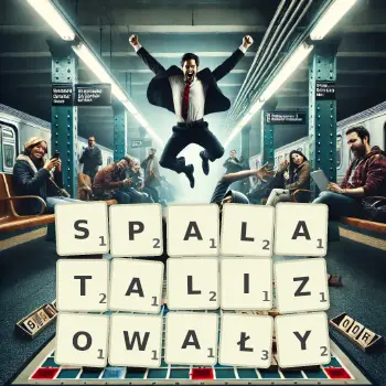 Kreatywna ilustracja do gry w Scrabble ze słowem SPALATALIZOWAŁY ułożonym z płytek na planszy.