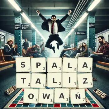 Kreatywna ilustracja do gry w Scrabble ze słowem SPALATALIZOWAŃ ułożonym z płytek na planszy.