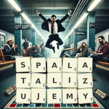 Kreatywna ilustracja do gry w Scrabble ze słowem SPALATALIZUJEMY ułożonym z płytek na planszy.