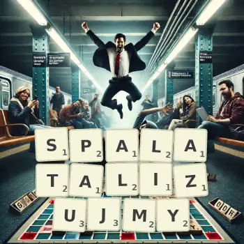 Kreatywna ilustracja do gry w Scrabble ze słowem SPALATALIZUJMY ułożonym z płytek na planszy.
