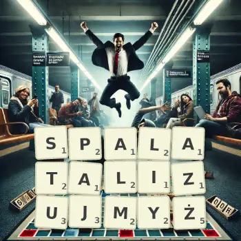 Kreatywna ilustracja do gry w Scrabble ze słowem SPALATALIZUJMYŻ ułożonym z płytek na planszy.
