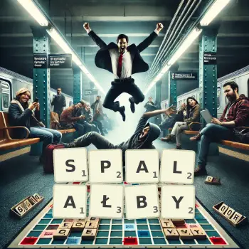 Kreatywna ilustracja do gry w Scrabble ze słowem SPALAŁBY ułożonym z płytek na planszy.