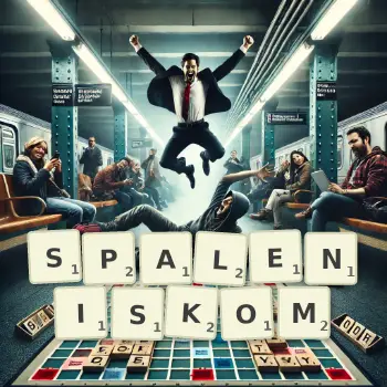 Kreatywna ilustracja do gry w Scrabble ze słowem SPALENISKOM ułożonym z płytek na planszy.