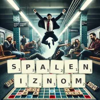 Kreatywna ilustracja do gry w Scrabble ze słowem SPALENIZNOM ułożonym z płytek na planszy.