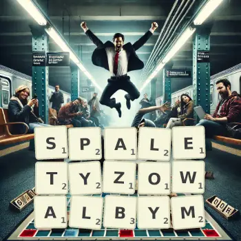 Kreatywna ilustracja do gry w Scrabble ze słowem SPALETYZOWALBYM ułożonym z płytek na planszy.