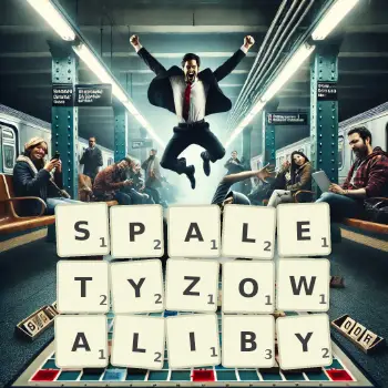Kreatywna ilustracja do gry w Scrabble ze słowem SPALETYZOWALIBY ułożonym z płytek na planszy.
