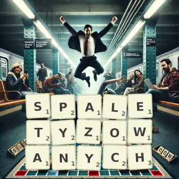 Kreatywna ilustracja do gry w Scrabble ze słowem SPALETYZOWANYCH ułożonym z płytek na planszy.