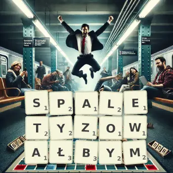 Kreatywna ilustracja do gry w Scrabble ze słowem SPALETYZOWAŁBYM ułożonym z płytek na planszy.