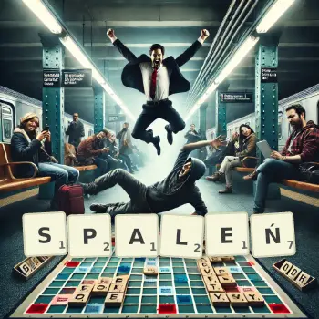 Kreatywna ilustracja do gry w Scrabble ze słowem SPALEŃ ułożonym z płytek na planszy.