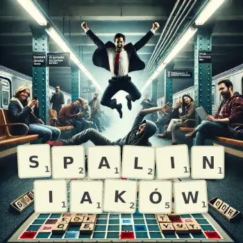 Kreatywna ilustracja do gry w Scrabble ze słowem SPALINIAKÓW ułożonym z płytek na planszy.