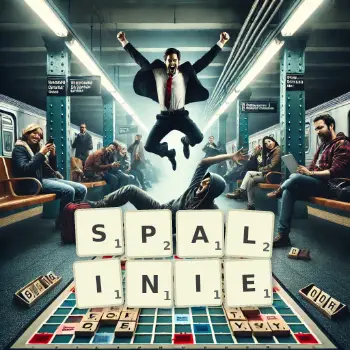 Kreatywna ilustracja do gry w Scrabble ze słowem SPALINIE ułożonym z płytek na planszy.