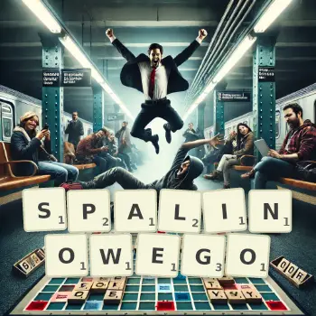 Kreatywna ilustracja do gry w Scrabble ze słowem SPALINOWEGO ułożonym z płytek na planszy.