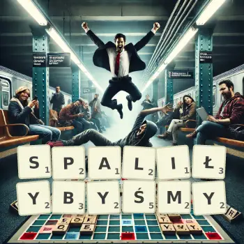 Kreatywna ilustracja do gry w Scrabble ze słowem SPALIŁYBYŚMY ułożonym z płytek na planszy.